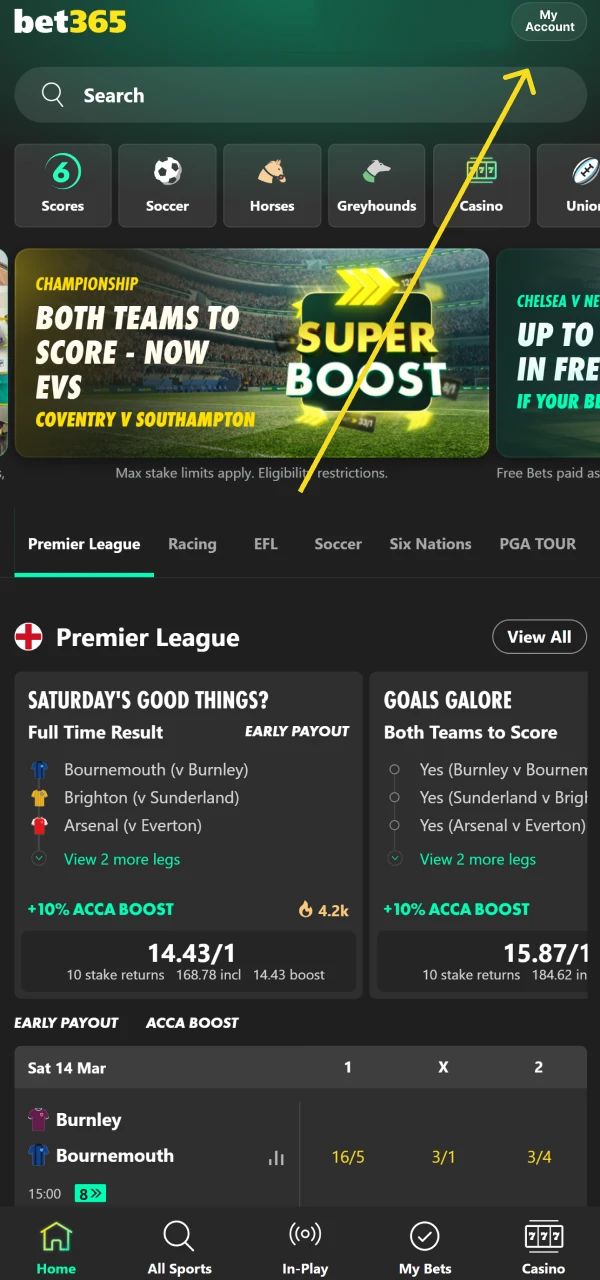Open a personal account to top up your deposit on Bet365.