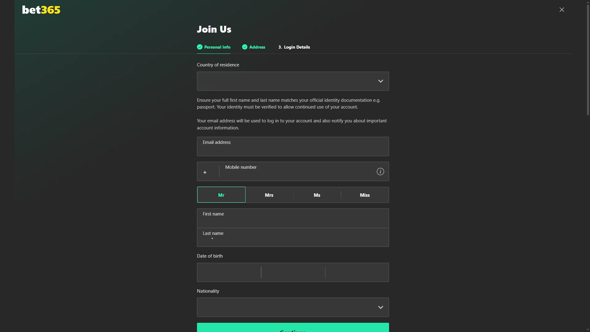 Open the registration window on the Bet365 website.